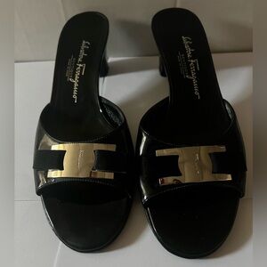 Salvatore Ferragamo Black Heeled Sandals with Silver Accent